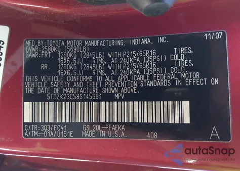 2008 Toyota Sienna Le z USA, uszkodzony, nr VIN 5TDZK23C58S145661